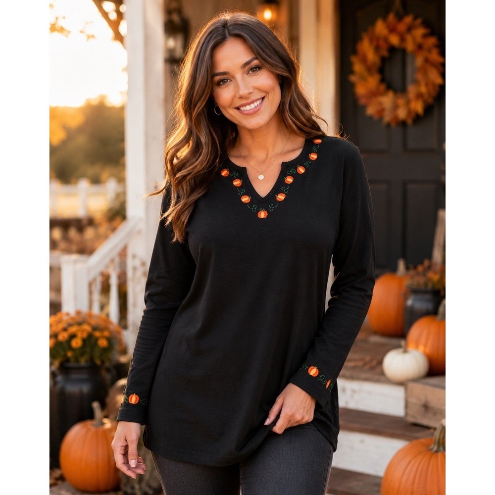 Design America Studio Treat Pumpkin Embroidered Black Top Women L Fall Halloween